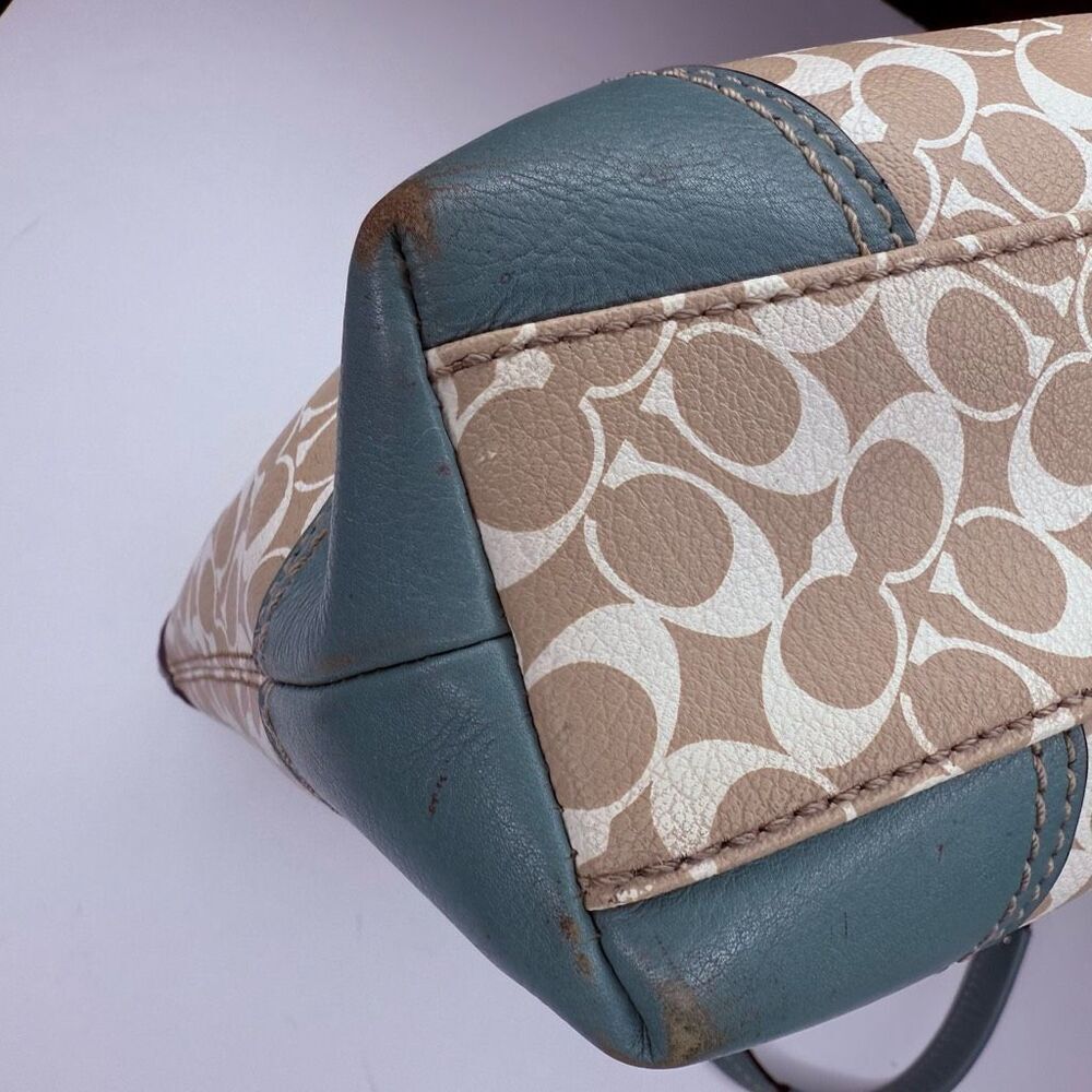 Coach Chelsea Heritage Stripe Signature Tote Teal & Khaki Coated Canvas #F15137 - Picture 8 of 12